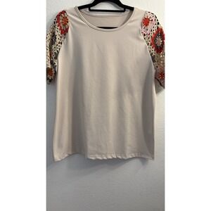 Short Sleeve Crochet Knit Top SZ L Cream Lightweight Pullover Boho Summer Casual